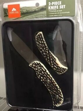 Ozark Trail Knife Set with Ivory-Style and Brown Textured Handles w/Tin